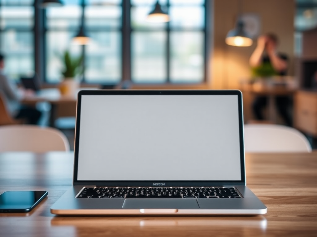 Laptop mit leerem Bildschirm auf Schreibtisch
