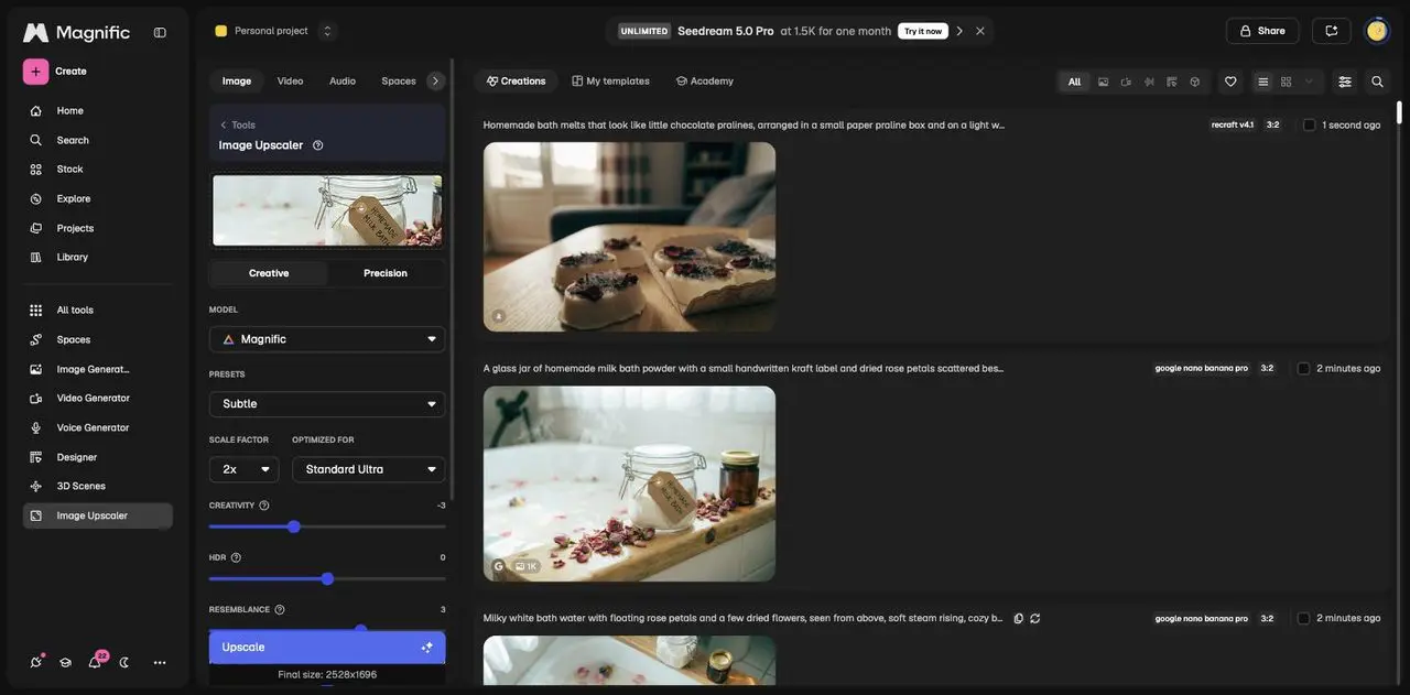 Der Magnific Image Upscaler mit den Reglern Creativity, HDR und Resemblance