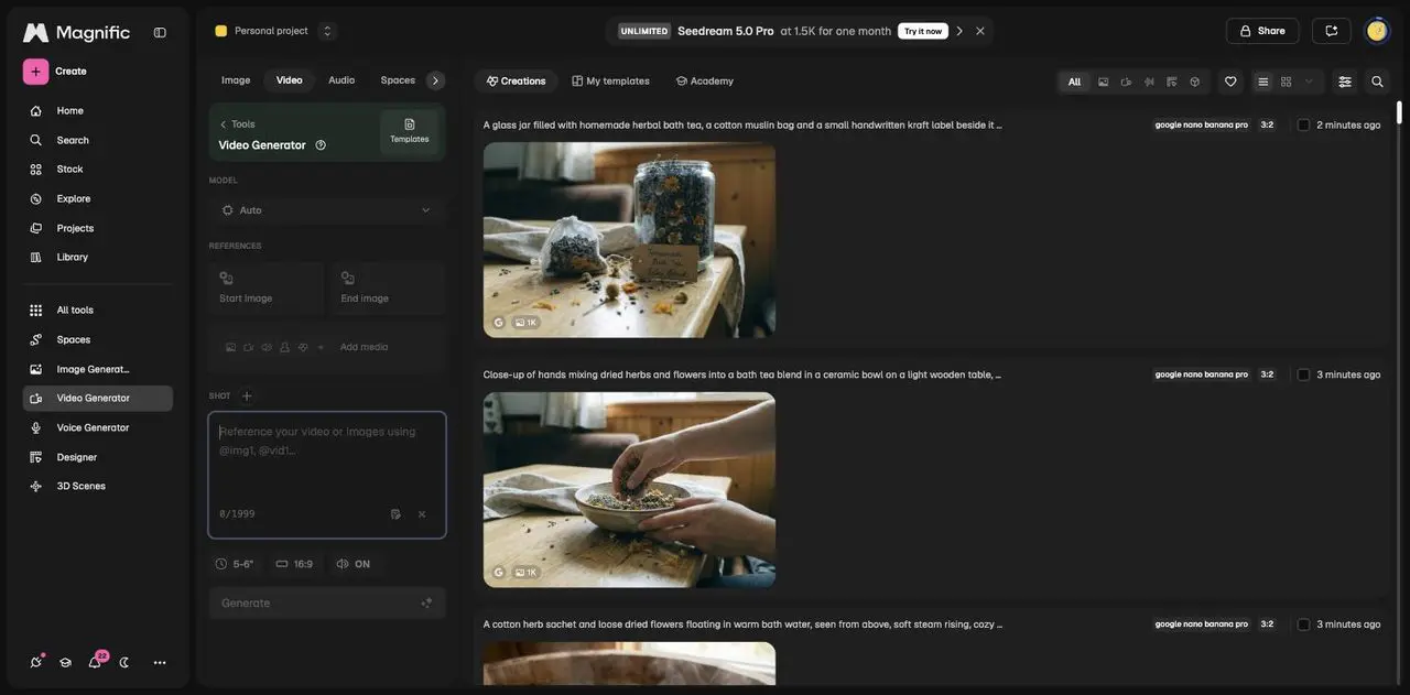 Der Videogenerator von Magnific mit Start- und Endbild, Referenzen und Multishot