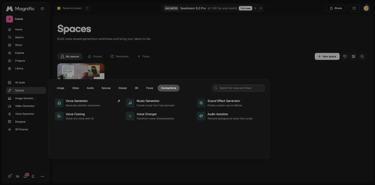 Die Audio-Werkzeuge von Magnific: Voice Generator, Music Generator, Sound Effects, Voice Cloning