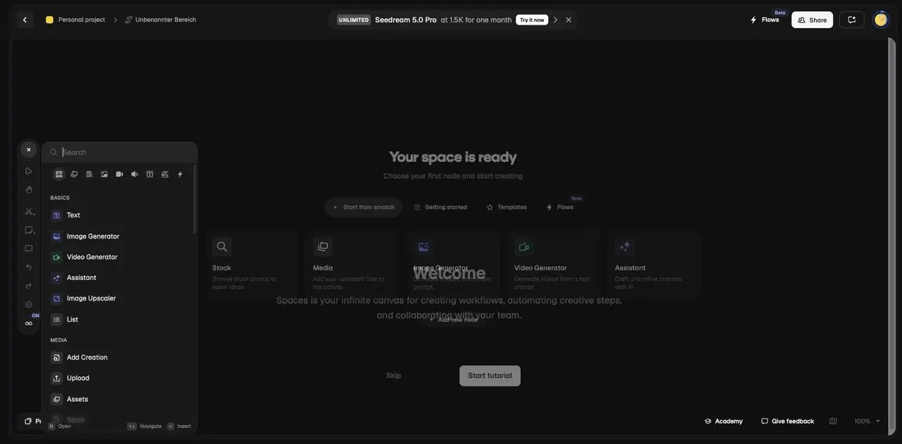 Der Spaces-Node-Canvas von Magnific mit Bausteinen wie Bildgenerator, Videogenerator und Upscaler