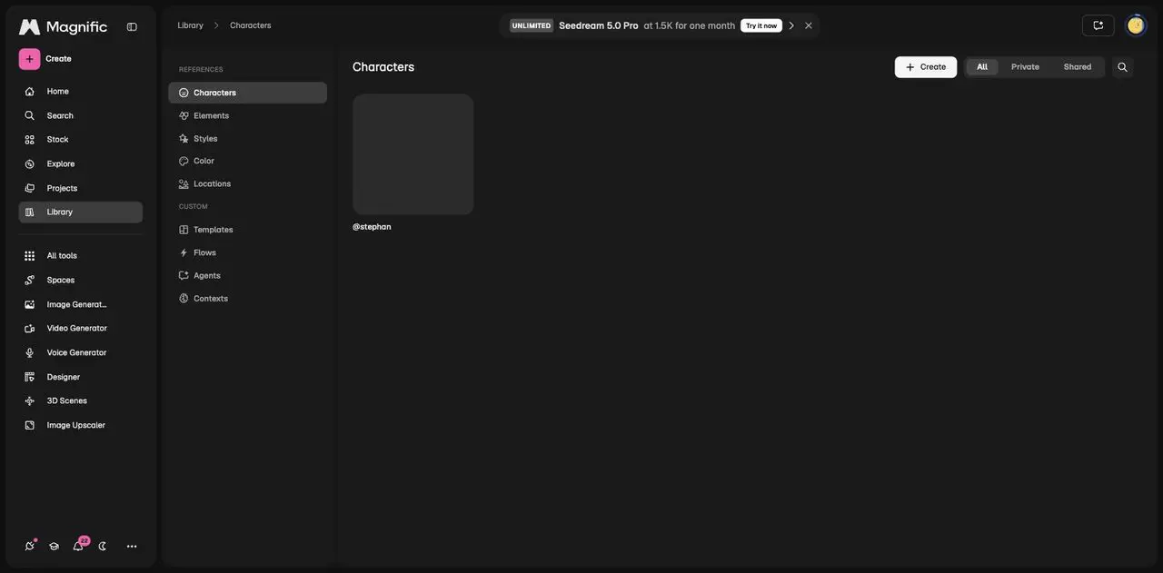 Die Magnific Library mit Referenzen: Characters, Elements, Styles, Color, Locations