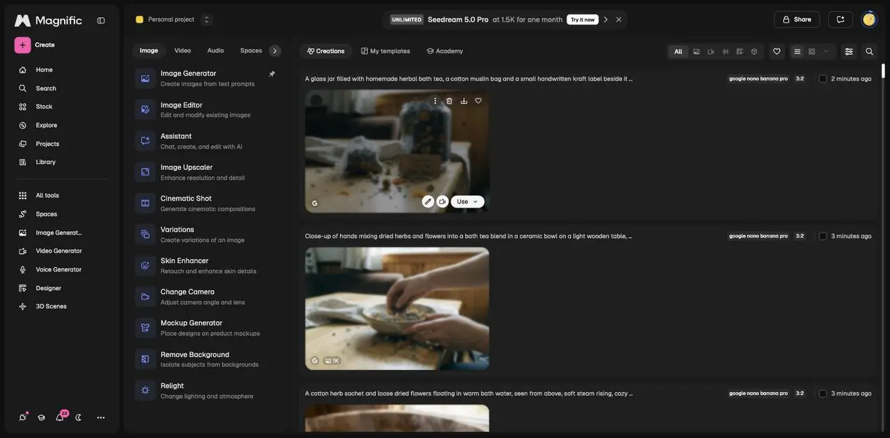 Eigene Creations in Magnific: KI-generierte Produktfotos