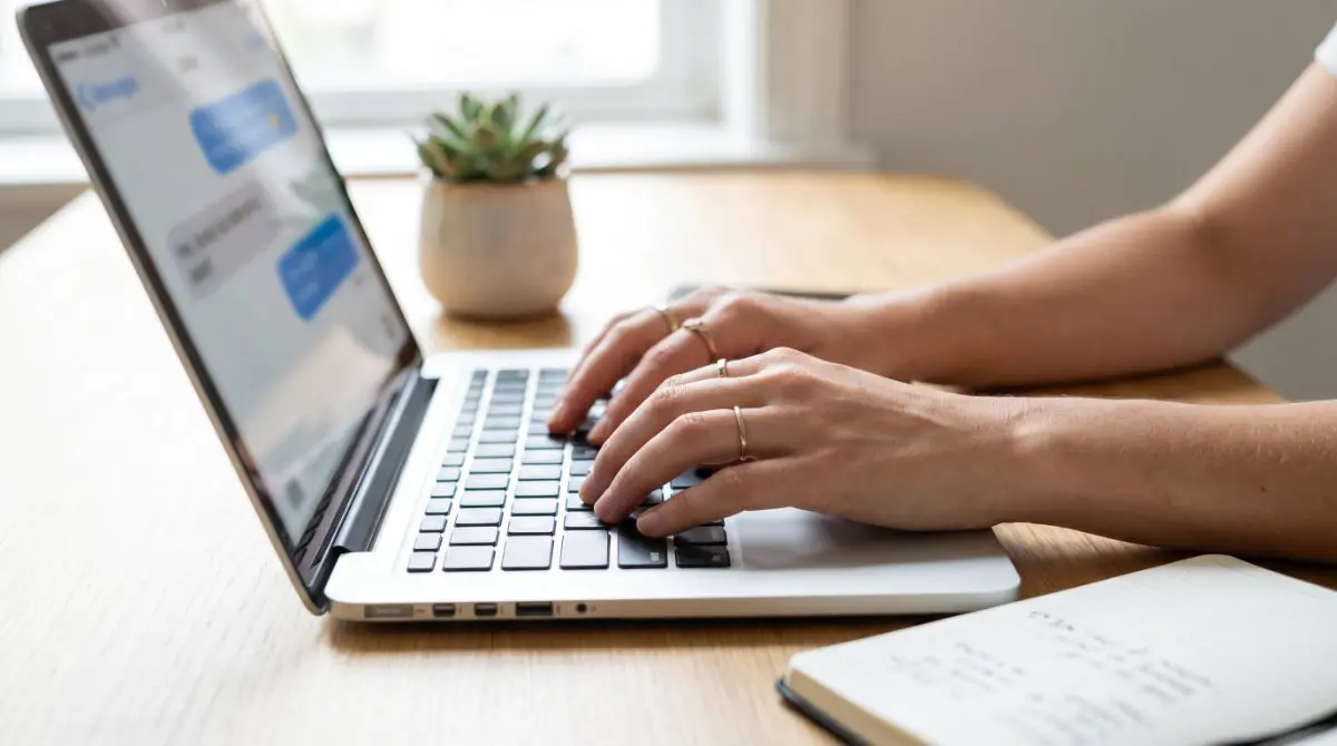 Nutzer chattet am Laptop mit einem KI-Chatbot auf einer Website