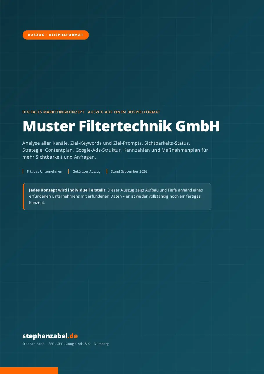 Titelseite: Auszug aus einem Beispielformat für ein digitales Marketingkonzept (fiktive Muster Filtertechnik GmbH)