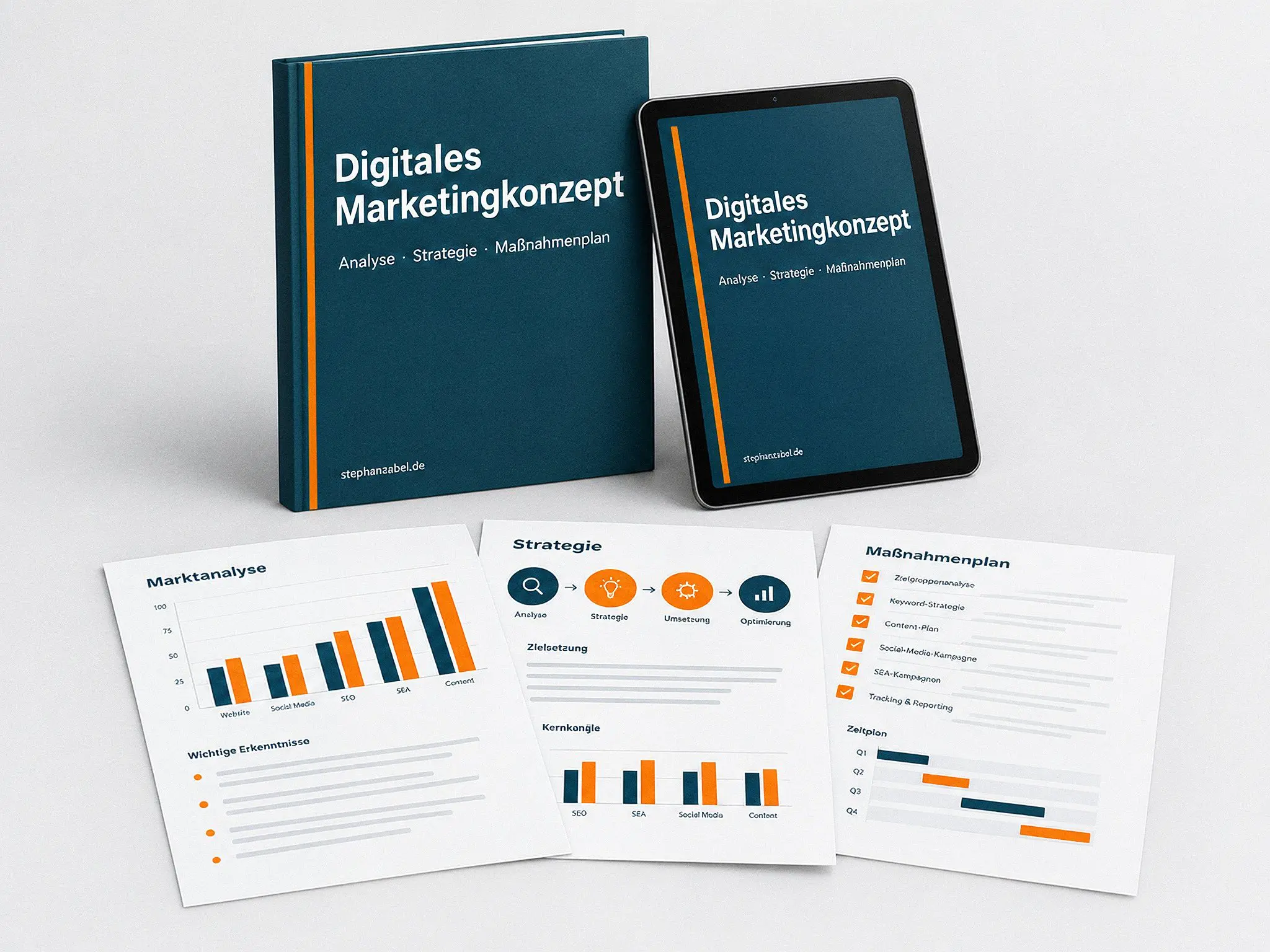 Digitales Marketingkonzept als Paket: Konzeptdokument, PDF auf dem Tablet und Auszüge aus Marktanalyse, Strategie und Maßnahmenplan