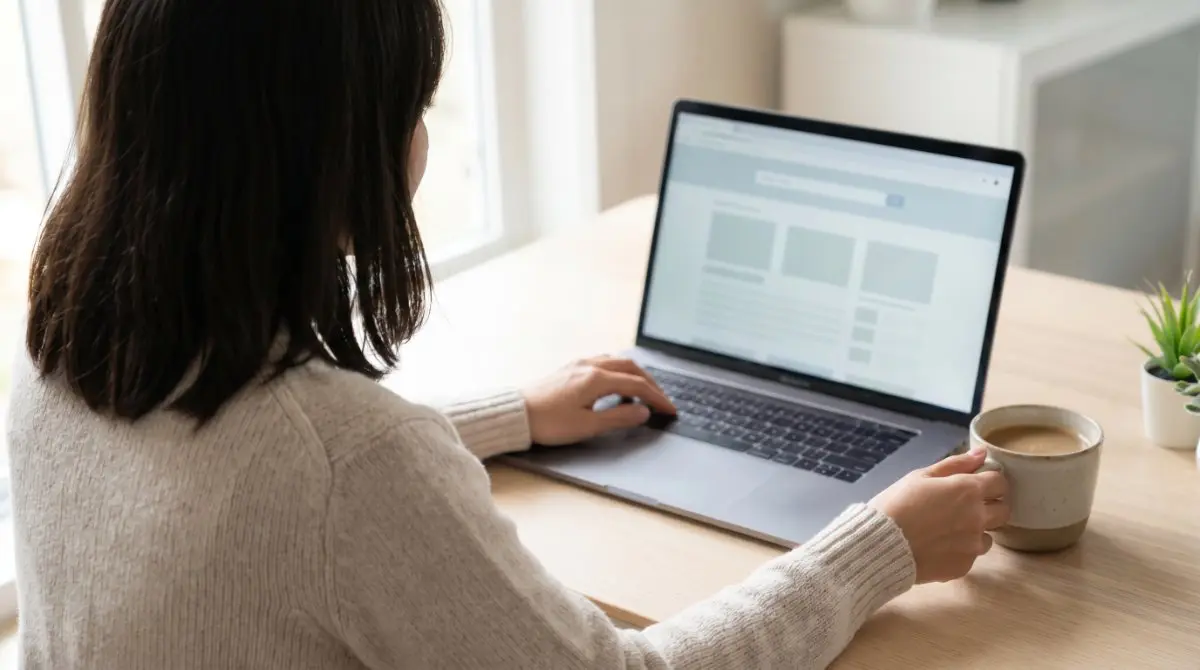 Bewerberin durchsucht Stellenanzeigen einer Jobbörse am Laptop