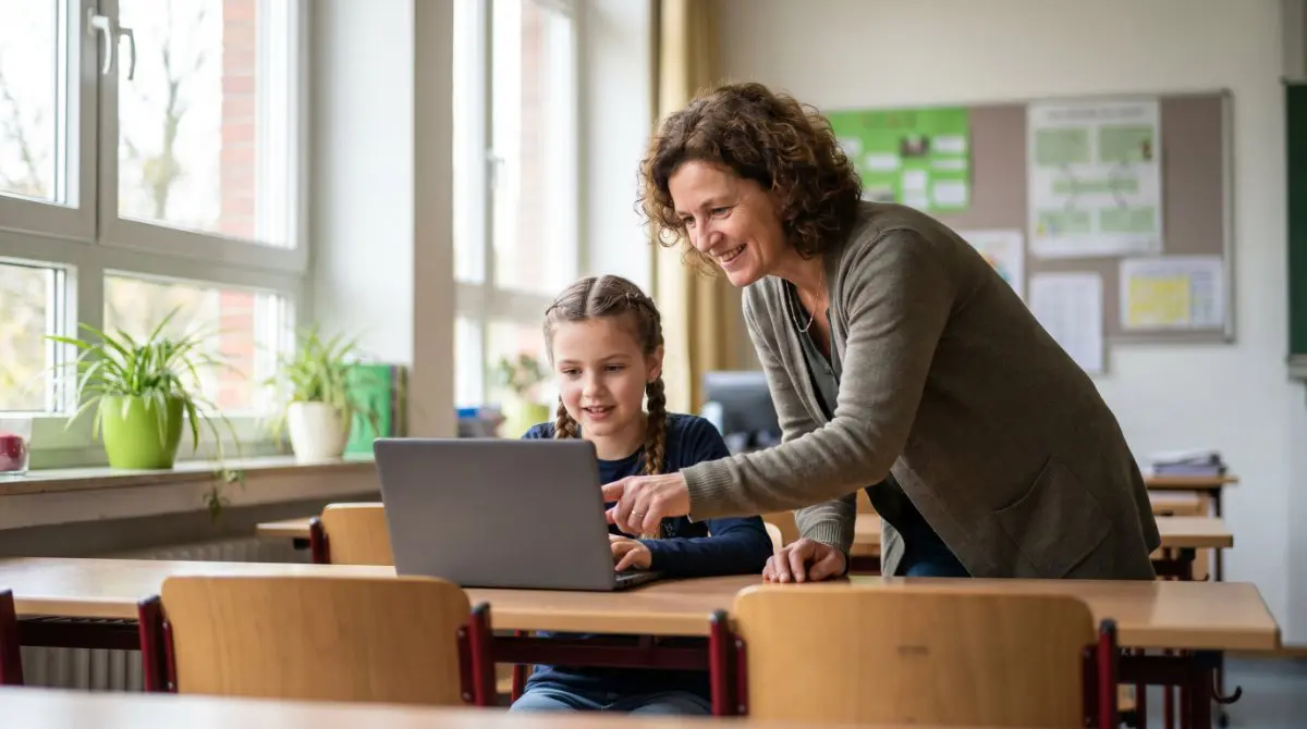 Lehrerin und Schüler arbeiten gemeinsam mit KI am Laptop im Klassenzimmer