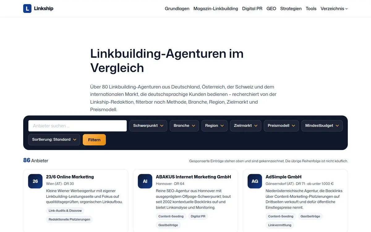 Anbieterverzeichnis auf linkship.de mit Filtern nach Schwerpunkt, Branche und Preismodell