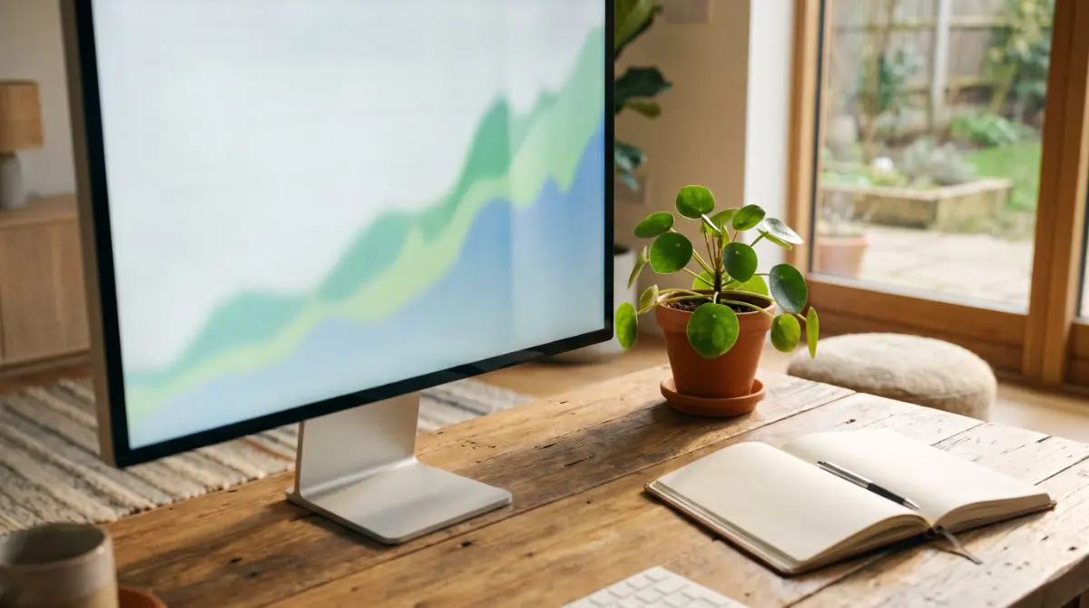 Monitor mit steigenden Wachstumskurven und Grünpflanze am Schreibtisch