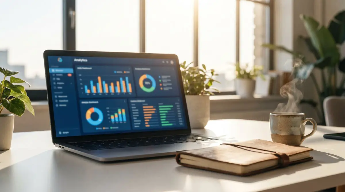 Schreibtisch mit Laptop und Analytics-Dashboards für Online Marketing