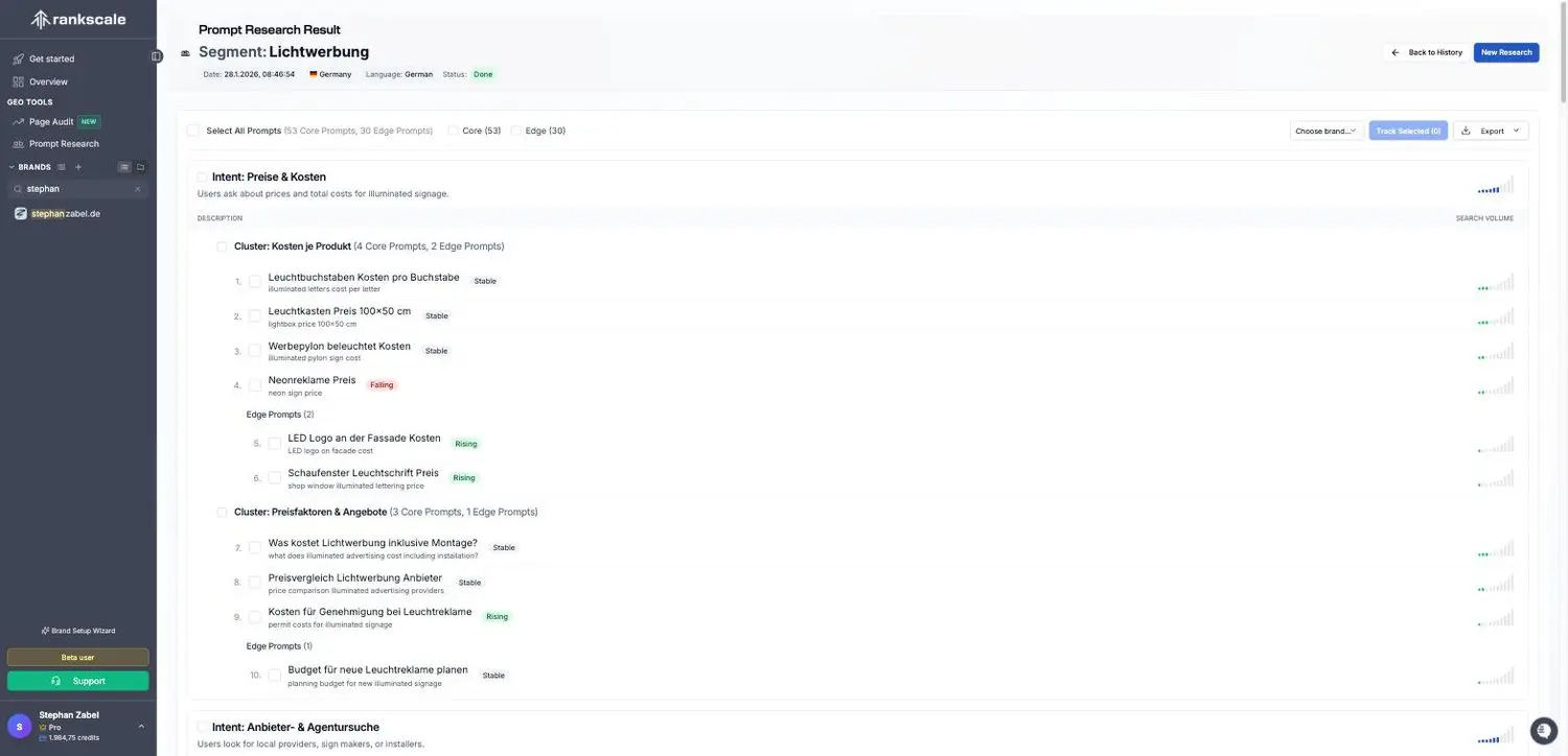 Prompt Research in Rankscale.ai: geclusterte Prompts nach Intent und Trend