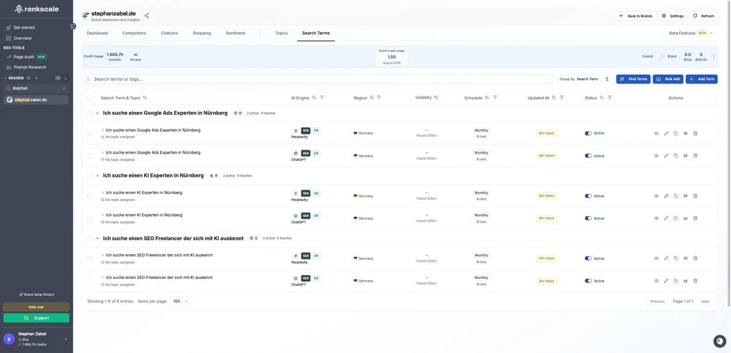 Prompt-Tracking in Rankscale.ai: definierte Suchanfragen je Engine und Region