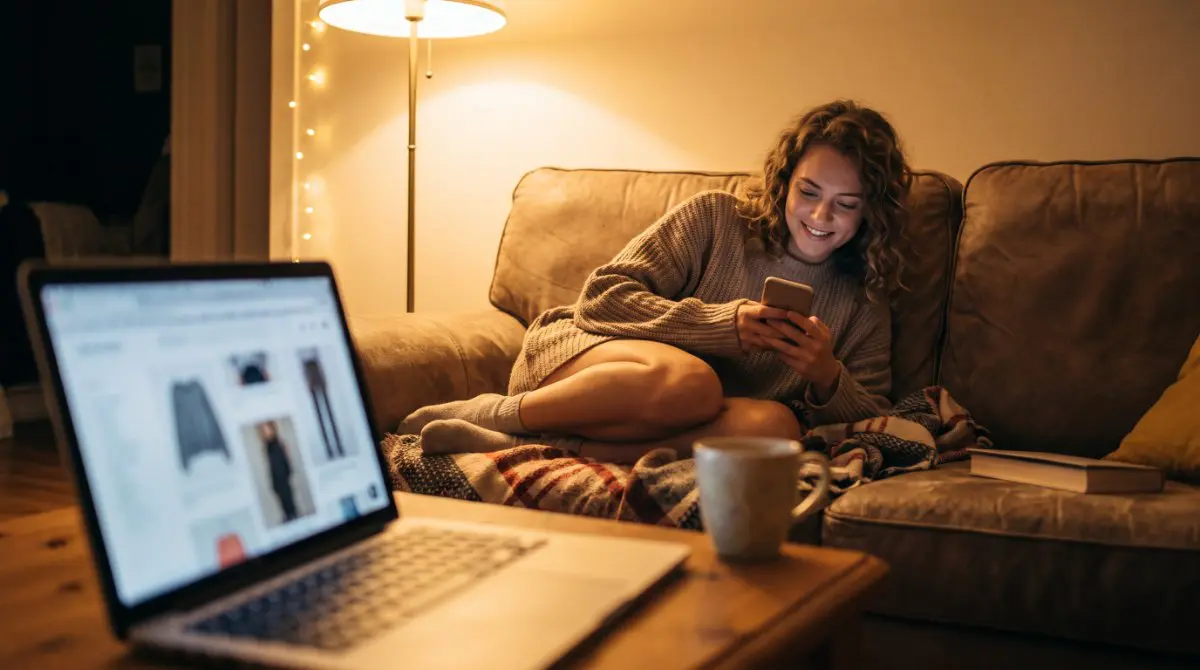 Frau auf dem Sofa betrachtet einen Online-Shop auf dem Smartphone, Laptop im Hintergrund