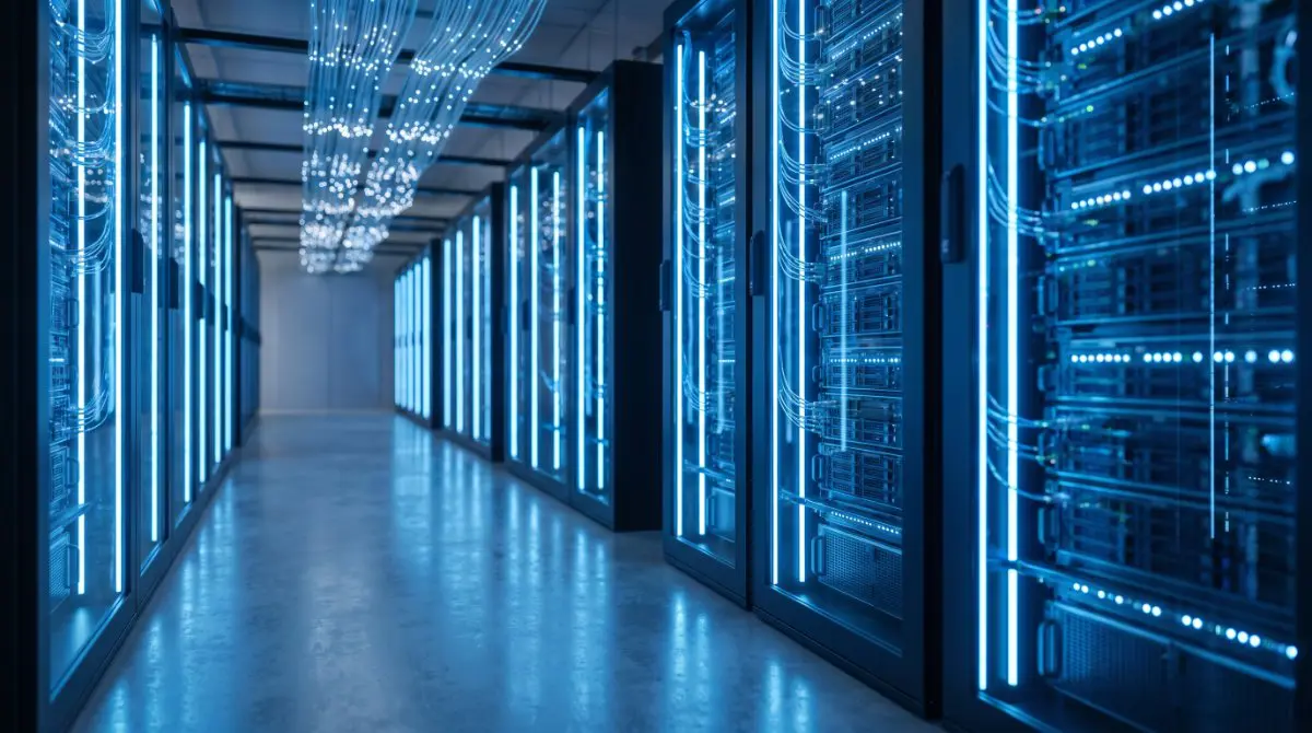 Beleuchtete Server-Racks in einem modernen Rechenzentrum