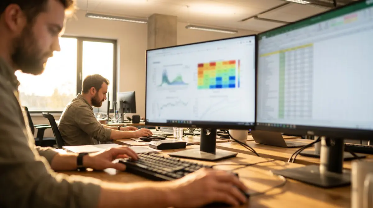 SEO-Spezialist analysiert Crawling-Daten an zwei Monitoren