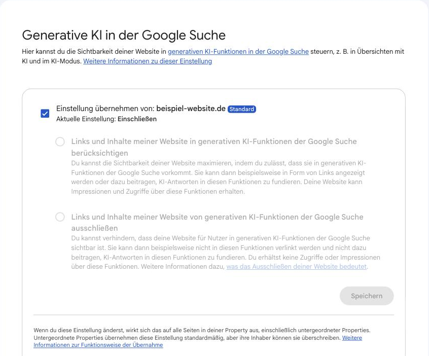 Search Console Einstellung Generative KI in der Google Suche: einschließen oder ausschließen (anonymisiert)