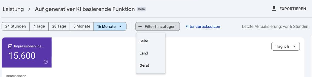 Filter im Search Console KI-Bericht: nur Seite, Land und Gerät