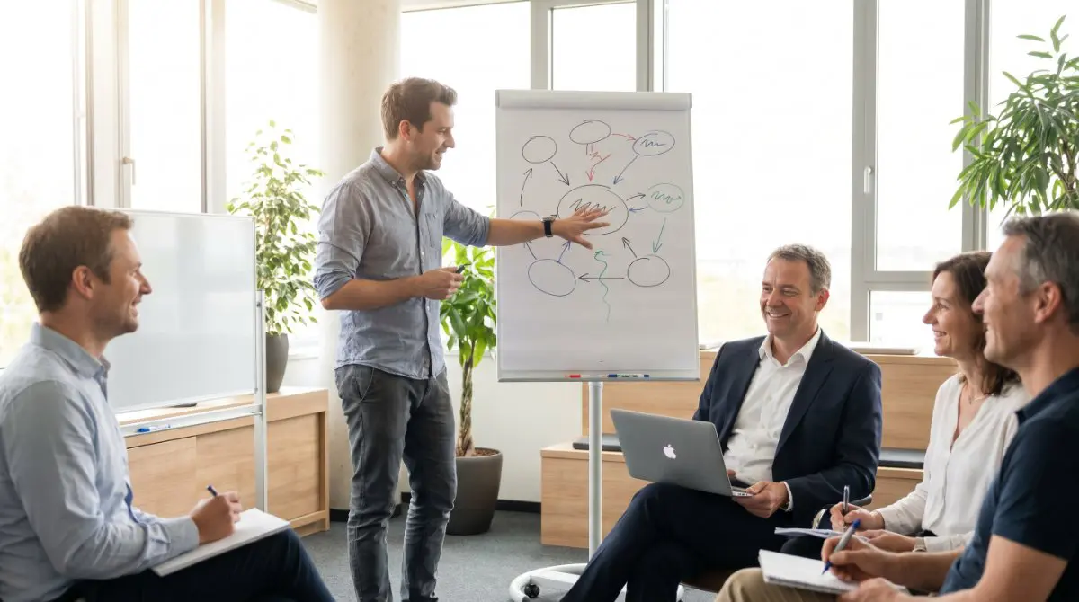 Trainer erklärt SEO-Konzepte am Flipchart vor einer kleinen Workshop-Gruppe