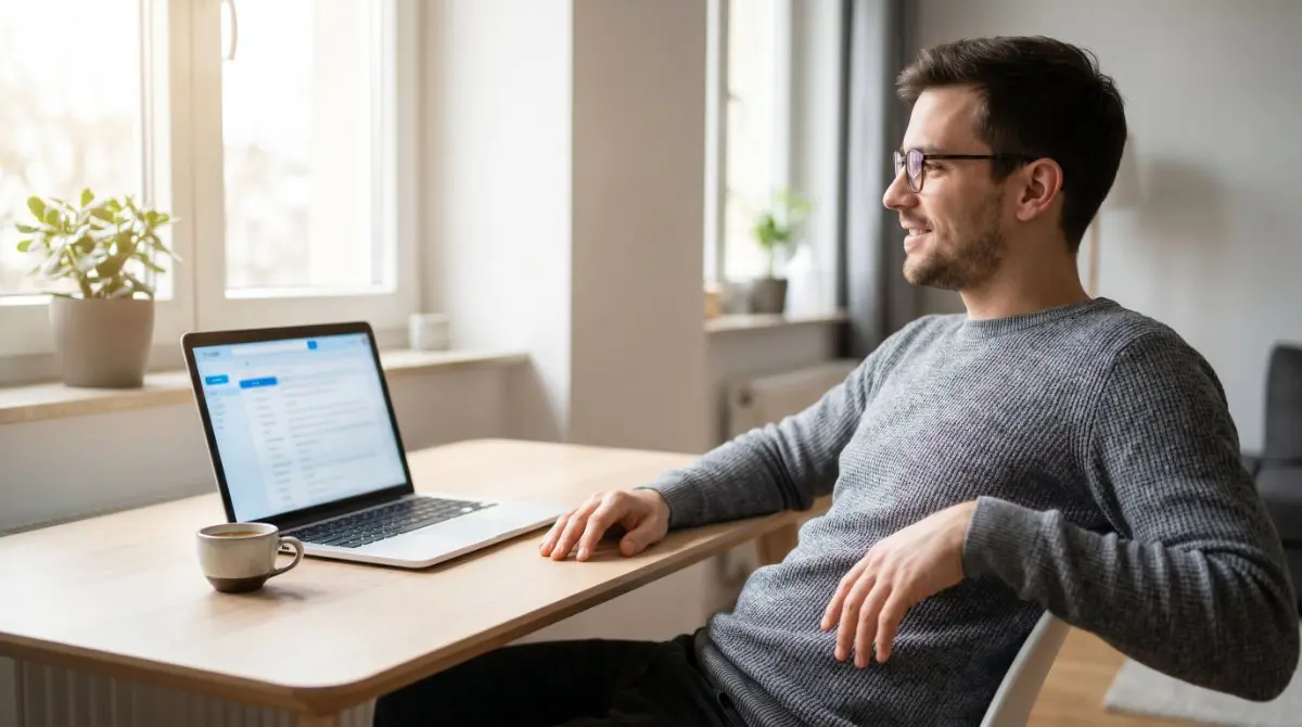Mann bearbeitet entspannt E-Mails am Laptop an einem aufgeräumten Schreibtisch