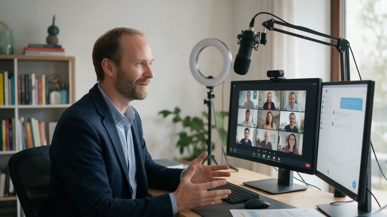 Stephan Zabel leitet einen Live-Online-Workshop zu KI im Marketing aus seinem Studio – Teilnehmer per Videokonferenz zugeschaltet