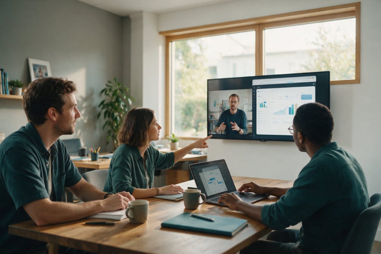 Marketing-Team verfolgt den Live-Online-Workshop gemeinsam im Meetingraum und arbeitet am Laptop mit