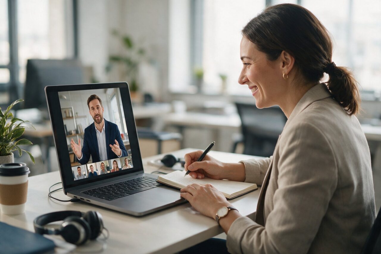 Teilnehmerin verfolgt den KI-Workshop remote am Laptop und macht sich Notizen